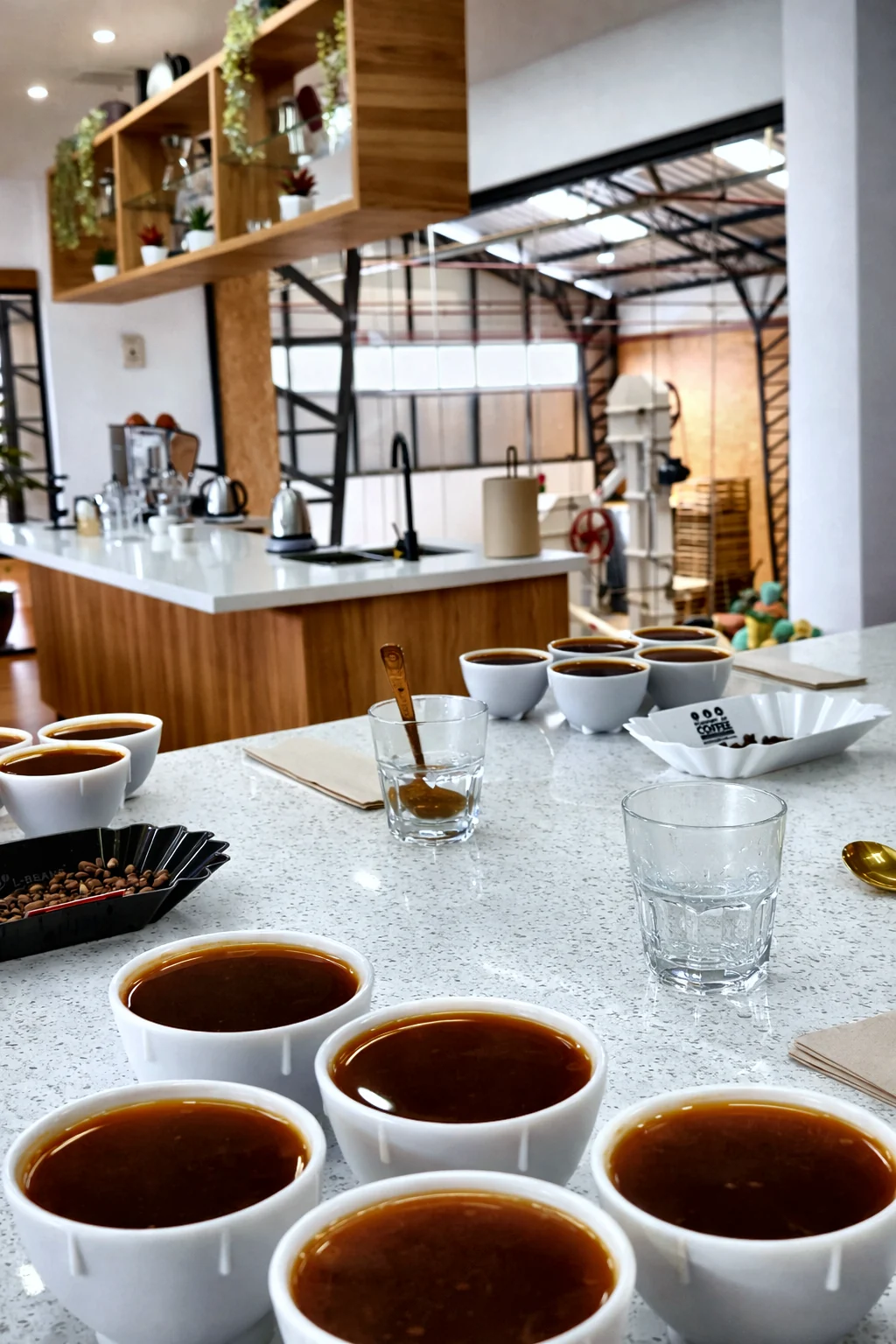 Cups lined up on the CafExporto cupping table
