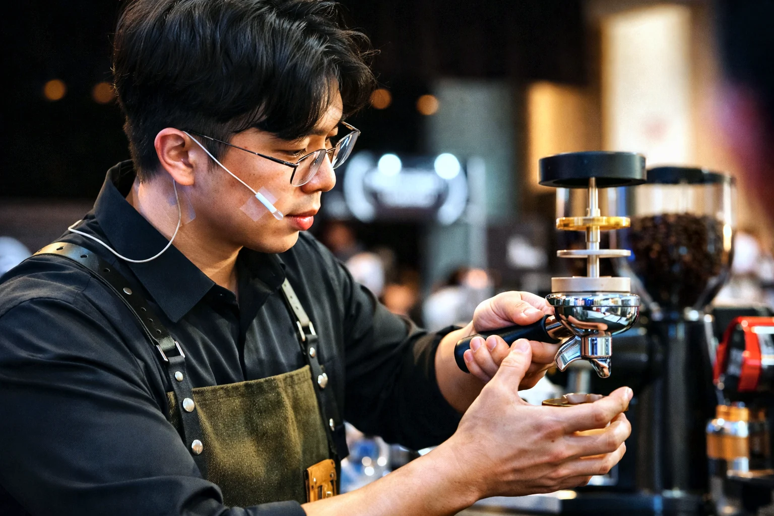 A barista dosing an espresso at the machine during competition