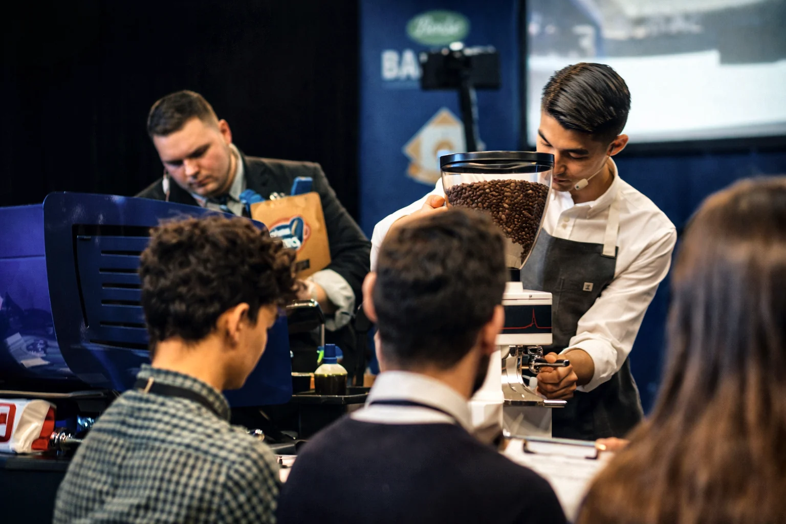 Baristas and judges evaluating coffees at a competition table