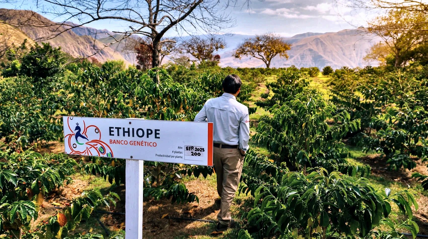 Juan Peña at the ETHIOPE Banco Genético field sign in a CafExporto plantation