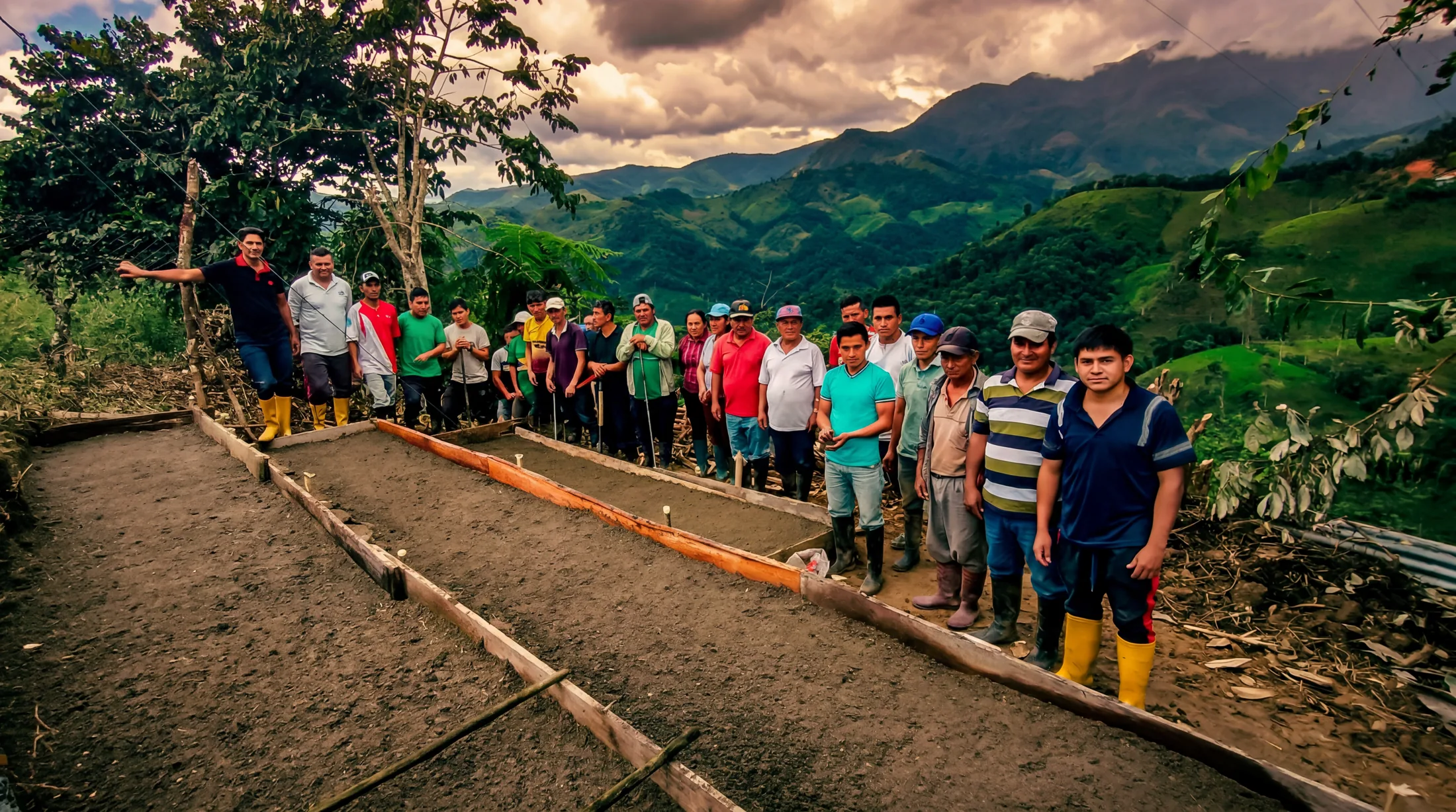 The CafExporto team and community gathered at a hillside seed nursery in the southern Ecuadorian highlands